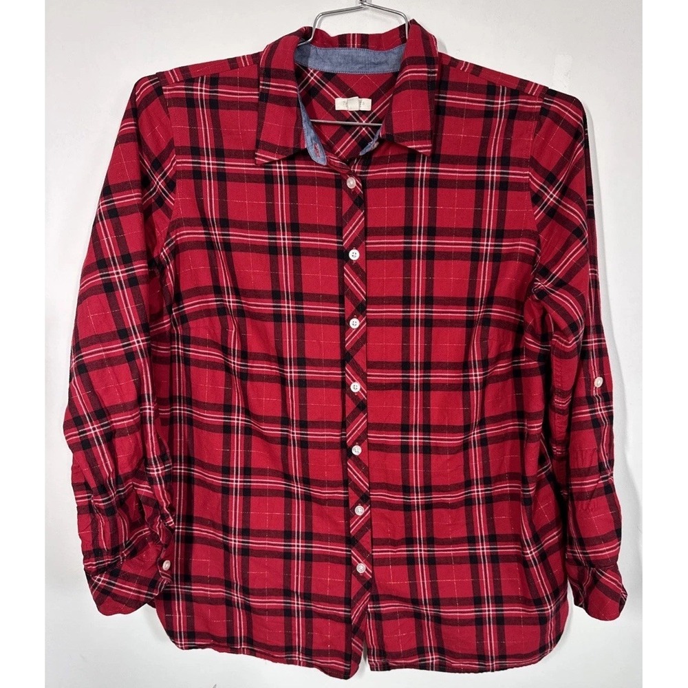 Talbots Long Sleeve Button Up Shirt Blouse Red Plaid‎ Metallic Threads Size 1XL